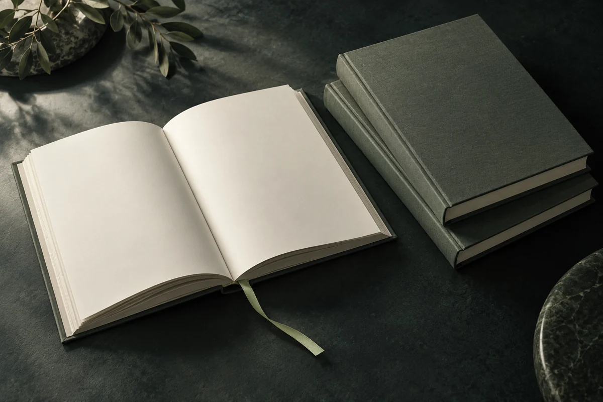 Tres volúmenes sin títulos sobre una mesa oscura, representación conceptual del dossier