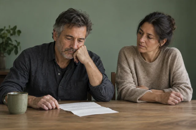 Un adulto de unos 50 años permanece sentado ante una carta abierta, con una mano apoyada en la mesa y la mirada suspendida. Una segunda persona espera en silencio a su lado.