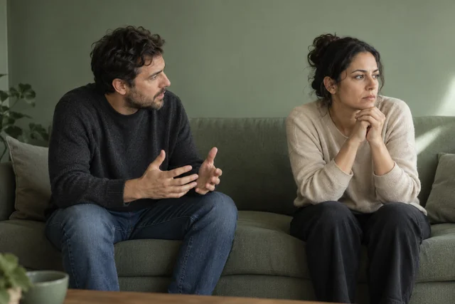 Dos adultos sentados en los extremos de un sofá sencillo. Uno intenta hablar y el otro mantiene las manos juntas y la mirada hacia un lado, visiblemente reservado.