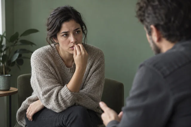 Plano cercano de un adulto sentado durante una conversación tensa; acerca una uña a los labios de manera nerviosa, mano anatómicamente natural, sin heridas. La otra persona se ve desenfocada.