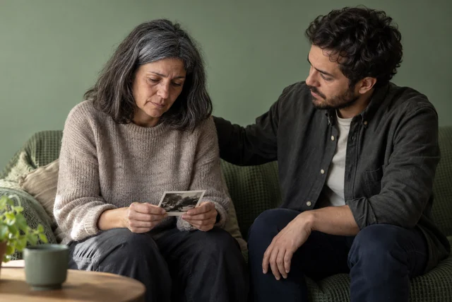 Una persona adulta está sentada junto a otra que le ofrece compañía; sostiene entre las manos una fotografía pequeña, postura recogida y mirada reflexiva. Escena de duelo digno y acompañamiento.