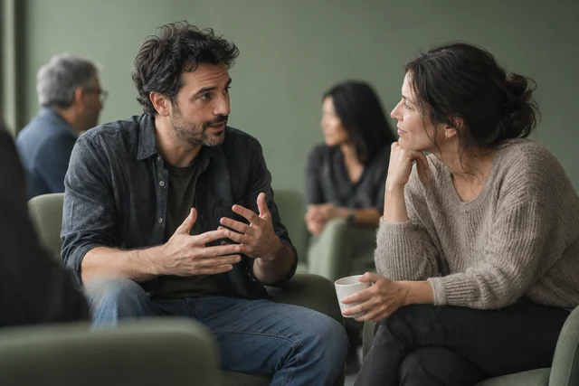 Un hombre adulto conversa con una mujer adulta en una reunión discreta; él busca sostener su atención con gestos expresivos, mientras otras personas adultas aparecen muy desenfocadas. Todos completamente vestidos.