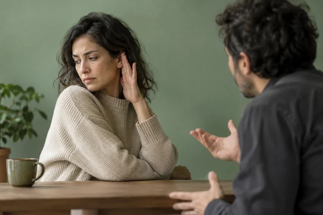 Un adulto se aparta de una conversación incómoda y coloca una mano cerca de su oreja en un gesto contenido; la otra persona está desenfocada y no hay elementos sobrenaturales.