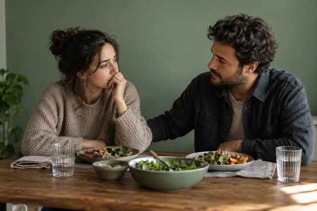 Una persona adulta de complexión corriente se sienta frente a una comida normal y conversa con una persona de confianza a su lado; manos sobre la mesa, preocupación contenida y apoyo, sin mostrar conductas alimentarias dañinas.