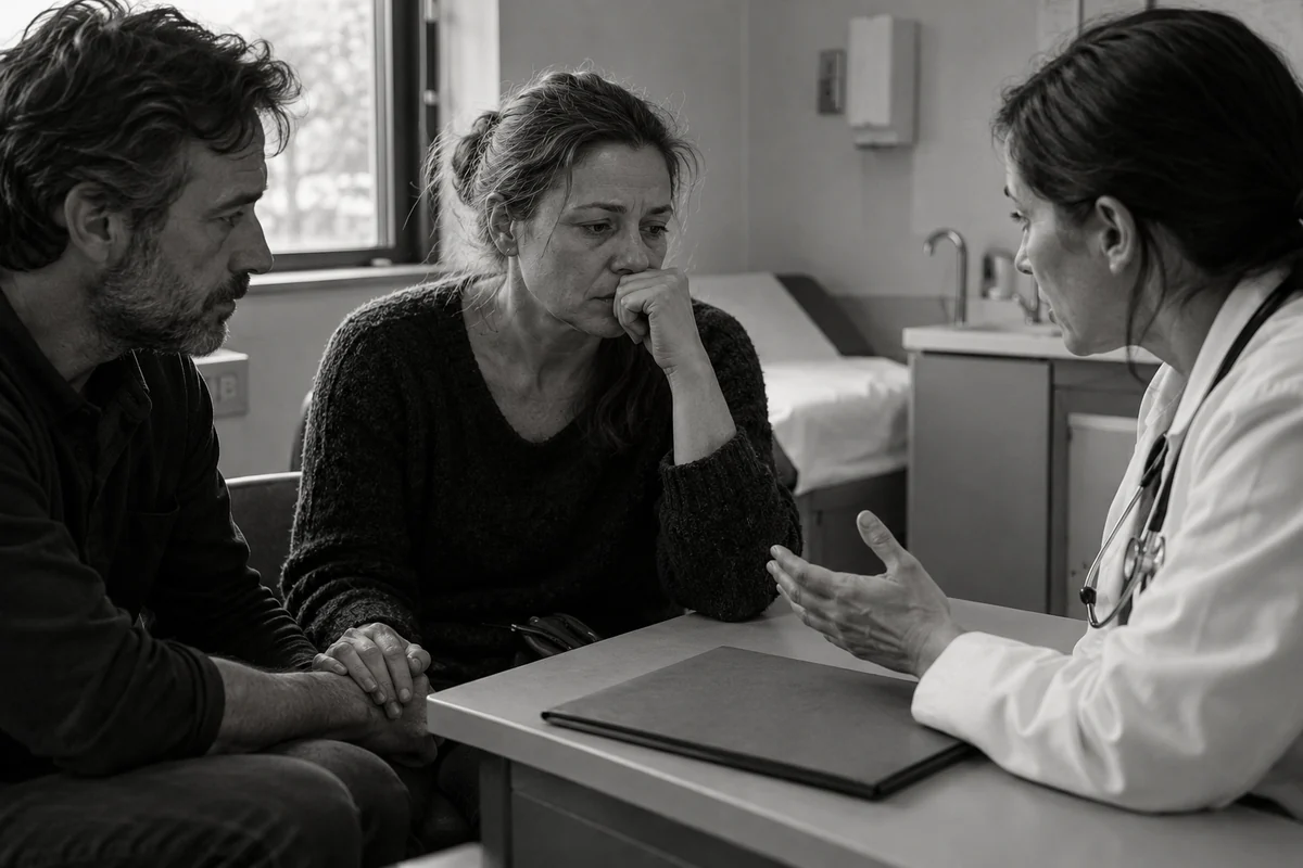 Una mujer escucha a una médica durante una consulta, acompañada por su pareja.