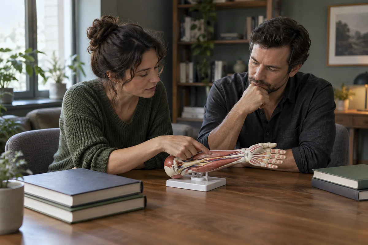Dos adultos estudian un modelo anatómico de un brazo sobre una mesa con libros.