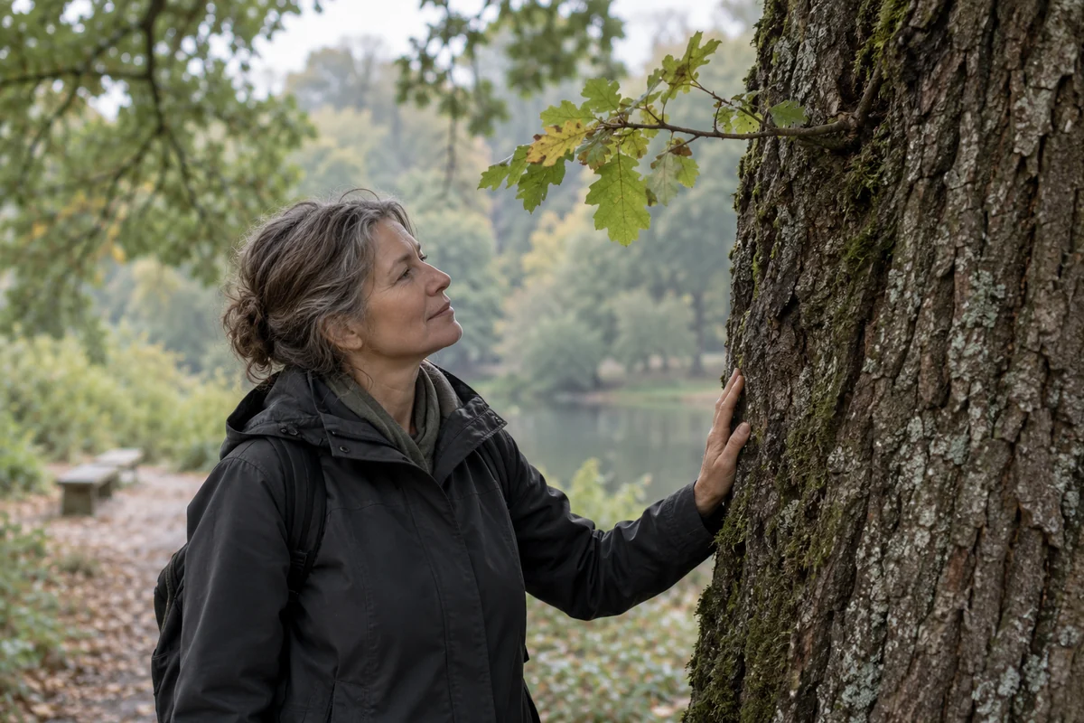 Una mujer observa una rama y la corteza de un árbol en un parque.