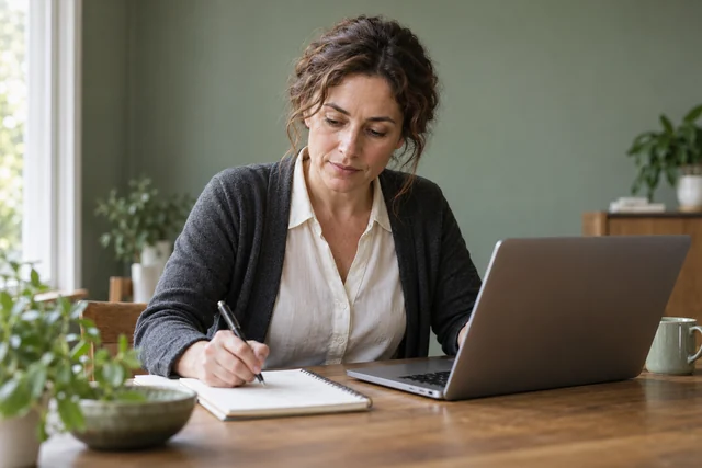 Escena ficticia: una mujer prepara un siguiente paso para buscar empleo.